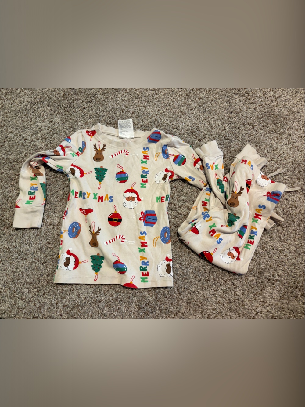H&M Kids Cream Holiday Pajama Set with Colorful Christmas Prints